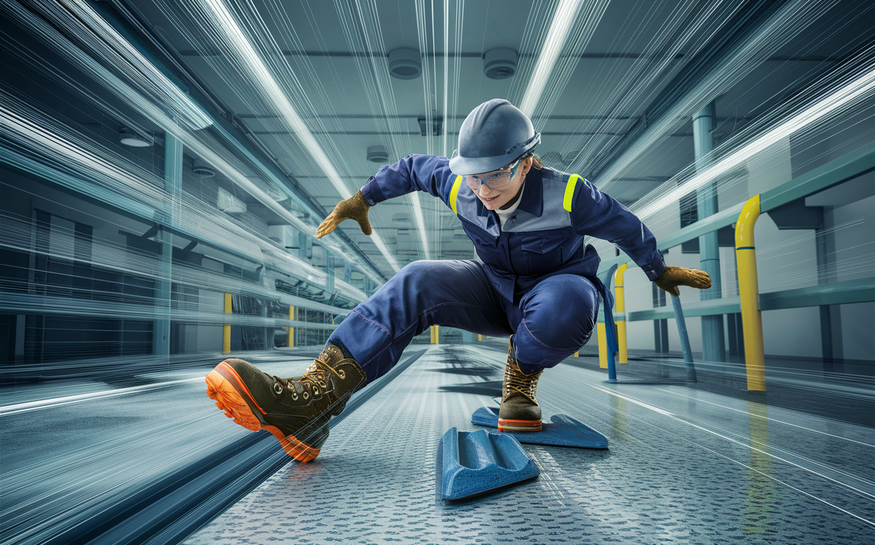 A worker in a protective suit sliding on a slip-resistant industrial floor coating, showcasing its durability and traction