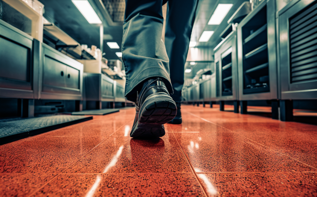 Close-up view of boots walking on a textured, slip-resistant red floor in an industrial setting with lockers and fluorescent lighting